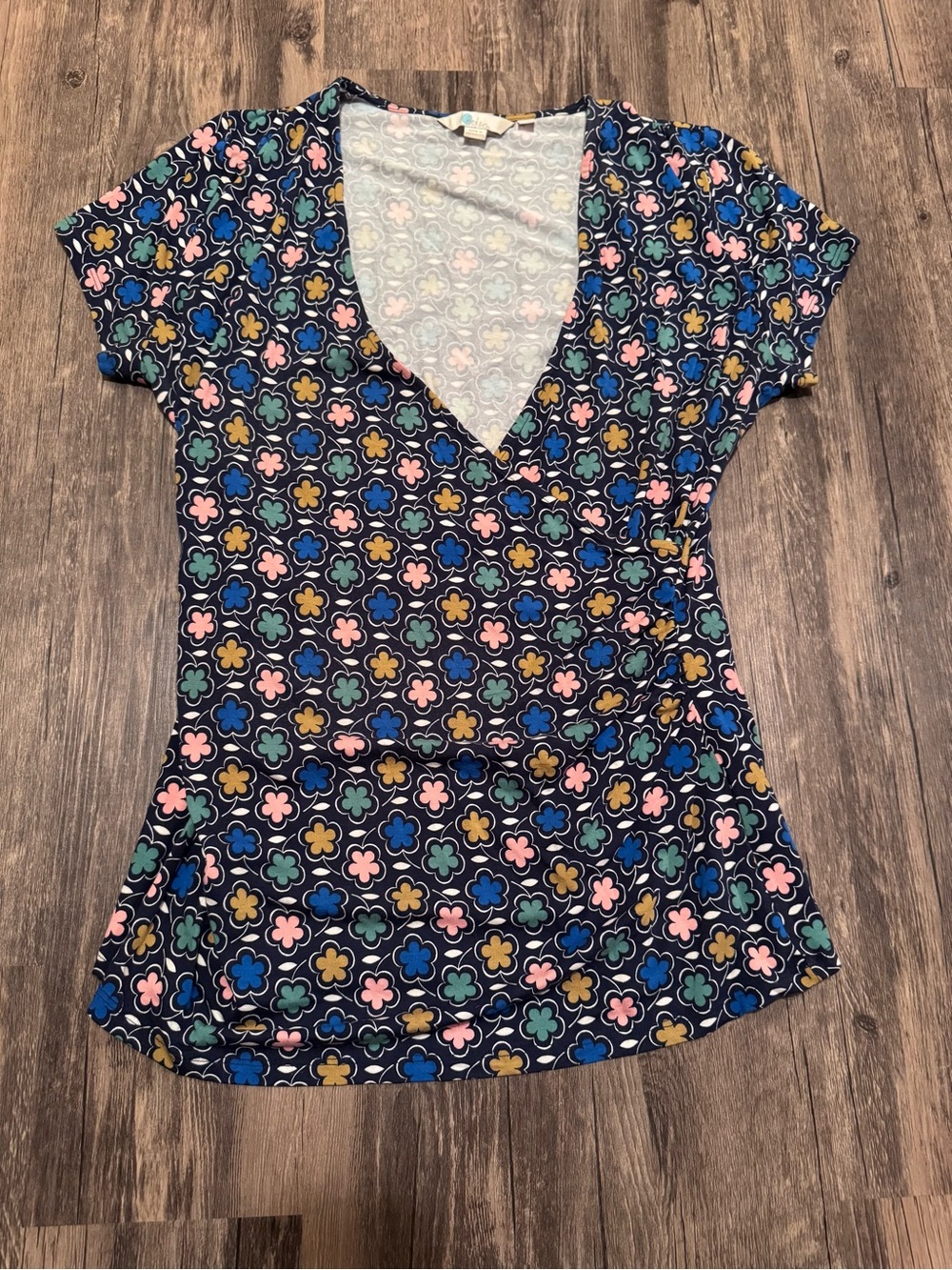 Boden Elodie Jersey Knit Wrap Top 12 Blue Geo Short Sleeve Soft Casual V Neck